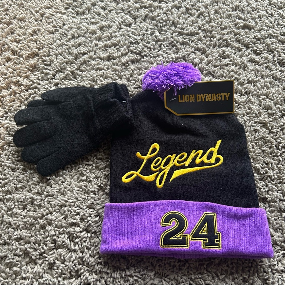 NWT Legend Pom Beanie & Gloves Unisex Black Kobe 24 One Size by Lion Dynasty